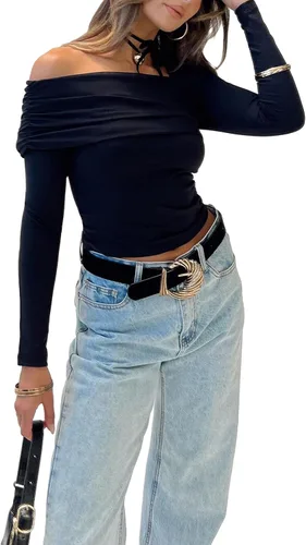 Vista 2 de Women Y2k One Off Shoulder Crop Tops Sexy Long Sleeve Ruched Slim Fit T Shirts Fitted Going Out Cropped Basic Tees