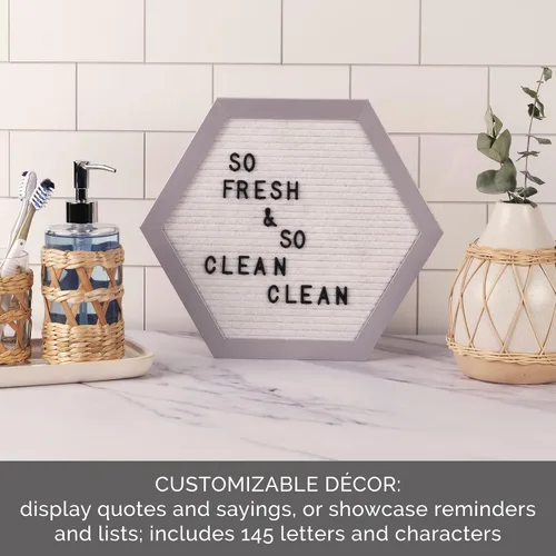 Vista 4 de Melannco Tablero de letras de fieltro, hexagonal, con letras y números, para anuncios, blanco y plateado
