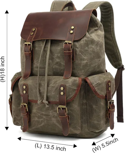 Vista 2 de HuaChen Mochila vintage de lona encerada con solapa de cuero genuino, mochila de viaje y trabajo, mochila resistente al agua con bolsillo antirrobo