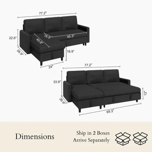 Vista 2 de JAMFLY Sofá cama extraíble con diván de almacenamiento, sofá modular de pana en forma de L de 77 pulgadas, sofá cama convertible de 3 plazas