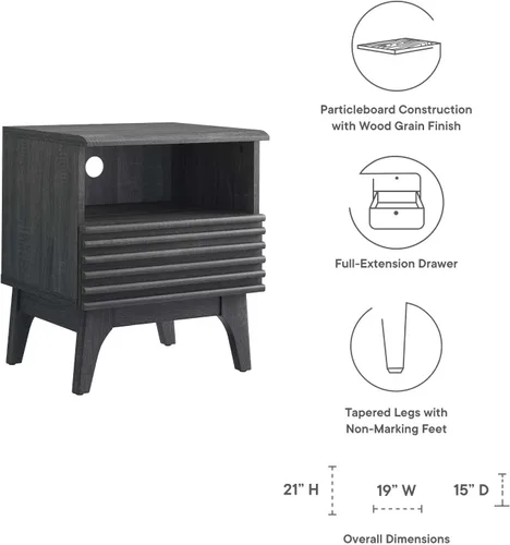 Vista 7 de Modway Render Mid-Century - Mesita de noche moderna con un cajón, color carbón Carbón vegetal