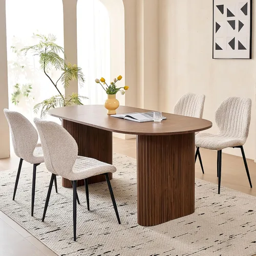 Vista 17 de Juego de 4 mesas de comedor grandes de 63 pulgadas para 4, esquinas redondeadas, mesa de cocina rectangular moderna de madera con sillas Boucle