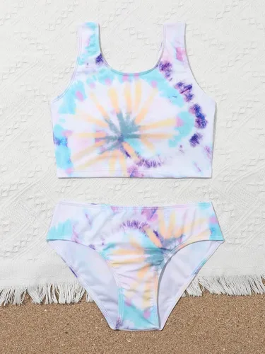 Vista 2 de OYOANGLE Traje de baño de 2 piezas para niña, conjunto de bikini de cintura alta con teñido anudado