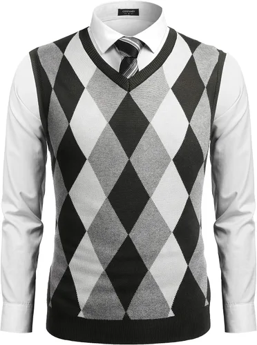 Vista 7 de COOFANDY Suéter sin mangas con cuello en V para hombre, ajustado, informal, con rombos