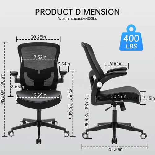 Vista 3 de Silla de oficina, 400 libras, ergonómica y resistente, con soporte lumbar ajustable, silla de computadora de malla transpirable con reposabrazos