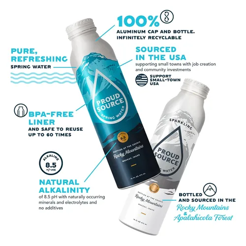 Vista 3 de Proud Source - Agua alcalina de manantial, minerales naturales + electrolitos, aluminio infinitamente reciclable, sin BPA