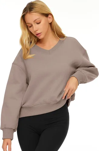 Vista 3 de AUTOMET Sudadera corta de manga larga para mujer, de forro polar, cuello en V