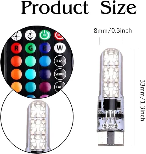 Vista 2 de Bombilla LED T10 RGB para Automóvil Luz de Ancho con Control Remoto W5W 194 168 2825 Luz Estroboscópica 16 Colores 5050 Cuña de Repuesto para Mapa