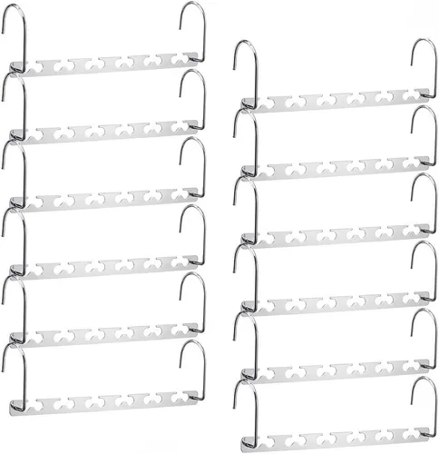 Vista 8 de Meetu - Perchas de ahorro de espacio multi funcionales para ropa de acero inoxidable, 6 x 2 ranuras para colgar en cascada, gancho actualizado