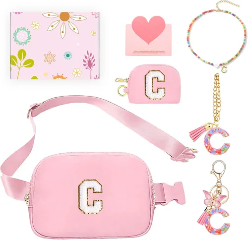 Vista 12 de Regalos de moda para niñas adolescentes, cangurera con monograma para niña con llavero, collar, dijes de taza, tarjeta de felicitación y caja