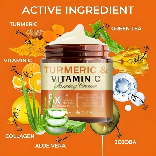 Vista 3 de Soelegant Crema reafirmante de cúrcuma y vitamina C para cara y ojos, hidratante antienvejecimiento con aloe, té verde, colágeno, hidrata, tensa