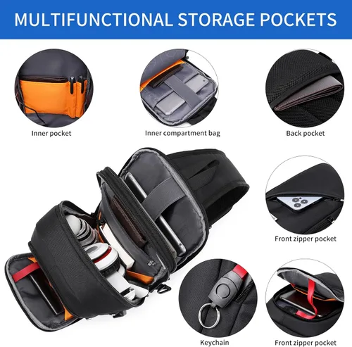 Vista 19 de DUSLANG Mochila de hombro para senderismo, bolsa cruzada para hombres, bolsas de pecho con puerto de cargador USB para campamento casual, ciclismo