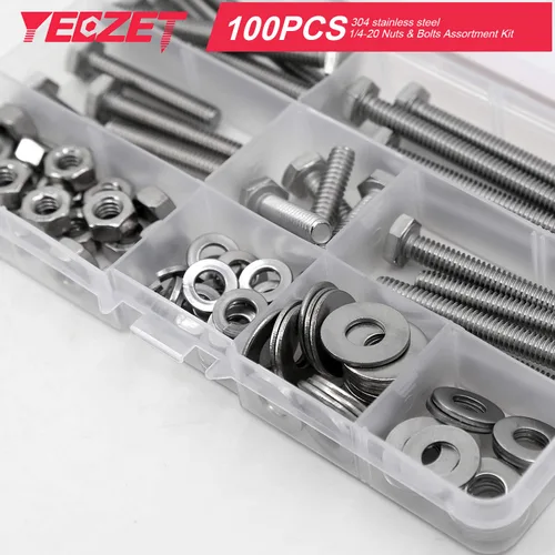 Vista 6 de 100 tornillos y tuercas de cabeza hexagonal de acero inoxidable de 1/4-20x1, 1-1/2", 2", 2-1/2", 3", tornillos y tuercas planos y arandelas