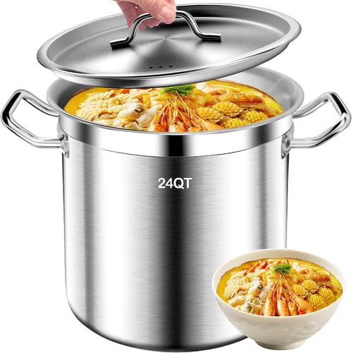 Vista 8 de Olla de Caldo de Acero Inoxidable Cepillado de 20 Cuartos con Tapa - Olla de Caldo Grande - Ollas de Caldo de Inducción de Servicio Pesado de Grado