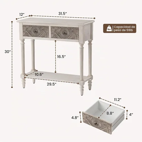Vista 2 de HOMPUS Mesa consola con 2 cajones y 1 estante, mesa de entrada rectangular estrecha, mesa de sofá decorativa antigua y contemporánea para sala