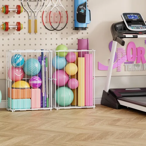 Vista 8 de Garage Ball Storage, Wall-Mounted & Floor Ball Holder with Elastic Rope, Sports Equipment Organize Ball Rack for Basketball, Soccer, Volleyball