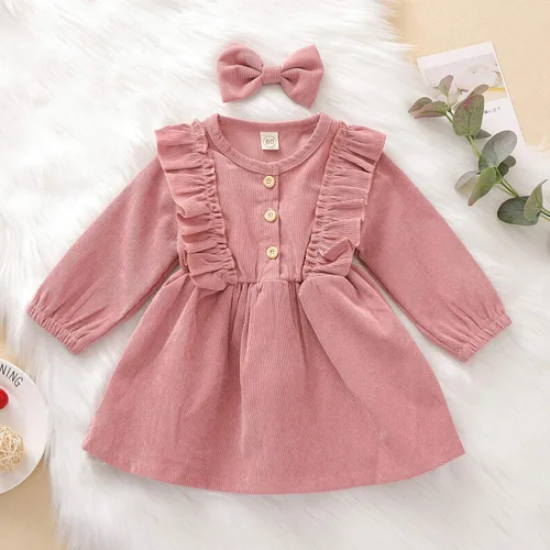Vista 2 de Karuedoo Kids Toddler Baby Girl Corduroy Ruffle Long Sleeve Dress Princess Party Dress Fall Winter Skirt Outfit