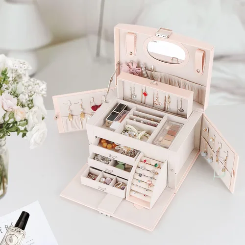 Vista 2 de Botanka Joyero para mujer caja de joyería de piel sintética cajas organizadoras de almacenamiento para anillos aretes collares pulseras estuche