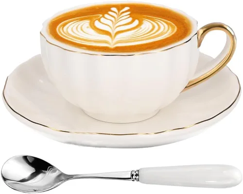 Vista 11 de ONEUSTAR Juego de taza de té y platillo para 1 taza de té floral de porcelana de hueso con cuchara, taza de café de 8 onzas, taza de capuchino latte