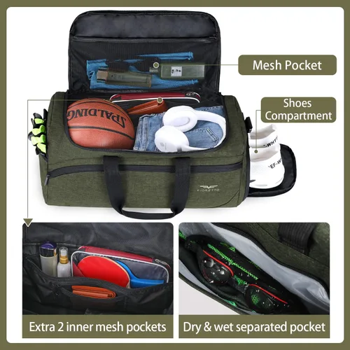 Vista 2 de FIORETTO Bolsa de deporte para hombre con bolsillo húmedo y compartimento para zapatos, ideal para viajes, gimnasio, deportes, natación, A-Verde