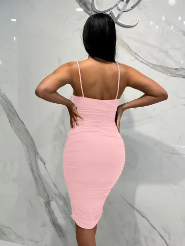 Vista 4 de BEAGIMEG Vestido sexy ajustado sin mangas con tirantes delgados para mujer, fruncido, para club, fiesta, cóctel, vestido midi