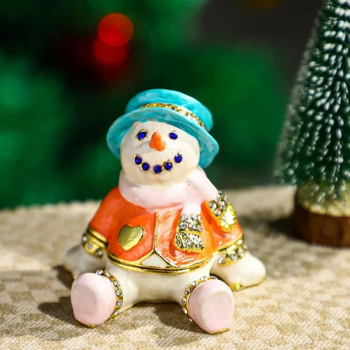 Vista 7 de YU FENG Caja de baratijas de Navidad con moño, decoración de hojas verdes y figura de muñeco de nieve, diamantes de imitación pintados esmaltados