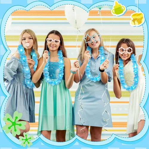 Vista 5 de 24 piezas de collar de flores de Leis hawaianas con luces LED, para playa, tropical, carnaval, fiesta, suministros de boda, Luau para bailes de Azul