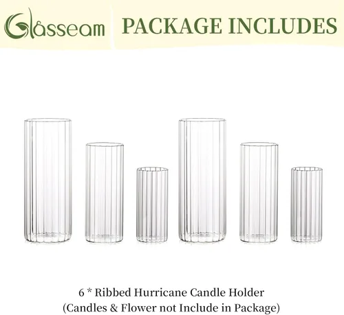 Vista 7 de Glasseam - Portavelas de vidrio acanalado, portavelas cilíndricos para velas de pilar, juego de portavelas transparentes Hurricane de 6 piezas