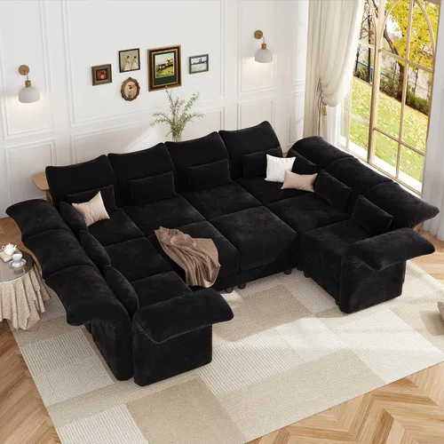 Vista 24 de LLappuil Sofá seccional beige con almacenamiento, sofás modulares de pana para sala de estar con apoyabrazos ajustables, cojines de felpa gruesos, 6