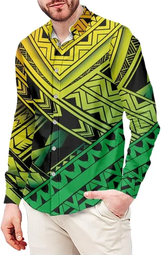 Vista 14 de Camisetas polinesias de manga larga para hombre para hombre, diseño floral de plantas tropicales, camisa con botones en la parte superior