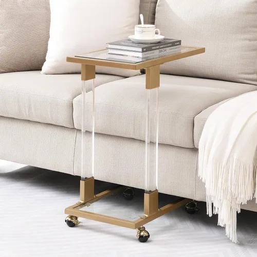 Vista 10 de Mesa auxiliar móvil de vidrio transparente con marco acrílico, moderna mesa auxiliar de sofá en forma de C con ruedas, mesa de aperitivos