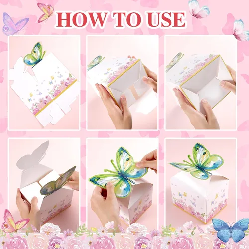 Vista 4 de Ctosree 24 cajas de regalo de fiesta de mariposa, bolsas de dulces florales, caja de papel de regalo de mariposa rosa para niña, decoración azul