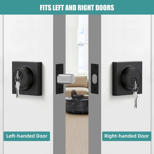 Vista 3 de Cerradura cuadrada de un solo cilindro moderno con llaves, cerrojo negro mate para entrada de puerta delantera, cerradura de seguridad de puerta