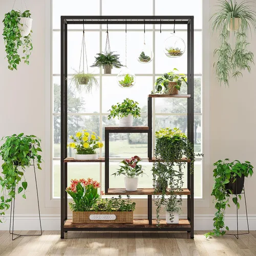 Vista 2 de LITTLE TREE Soporte alto para plantas de interior de 5 niveles, estante de metal grande de 70.9 pulgadas para macetas de bonsái, estante de Marrón
