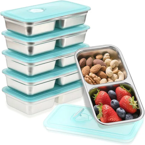 Vista 13 de 2 cajas Bento de acero inoxidable 304, 2 compartimentos, contenedores portátiles de almacenamiento de alimentos, cajas de aperitivos con tapas, caja