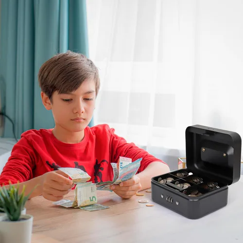 Vista 5 de Darice Caja de seguridad para dinero – Caja de dinero mediana con bandeja de dinero y candado – Caja de seguridad – Organizador para billetes