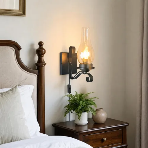 Vista 2 de Black Plug in Wall Sconce 1-Pack, UL Listed Rustic Farmhouse Lamp, E12 Base