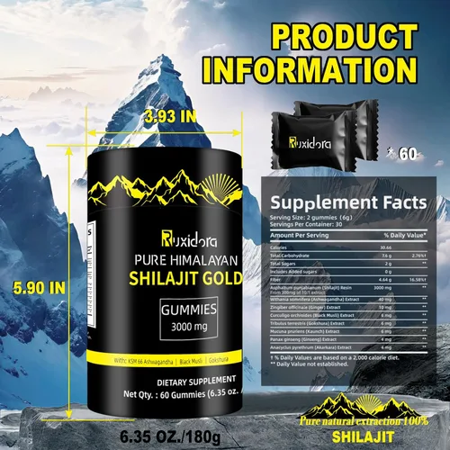 Vista 3 de Gomitas Shilajit, gomitas puras de Shilaljit del Himalaya, sin azúcar añadida, sin OMG, orgánicas naturales, Ashwagandha, Gokshura Ácido fúlvico
