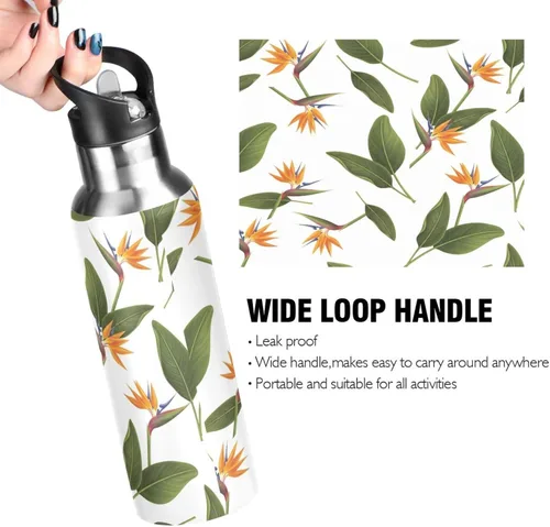 Vista 4 de BPA-Free Sport Water Bottle Insulated 32 Oz, Insulated Water Bottle for Gym Outdoor Travel School, Orange Flowers Green Leaves