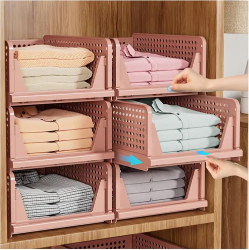 Vista 11 de SNSLXH Paquete de 5 cajas organizadoras apilables de armario, cesta de almacenamiento multifuncional y plegable para baño, cocina, lavandería