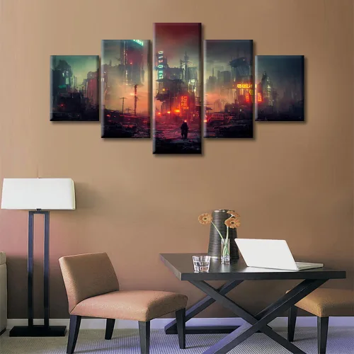 Vista 251 de Cuadros de 5 paneles de Cyberpunk City, arte de pared, representación de vallas publicitarias, edificios modernos en la capital con obras de arte