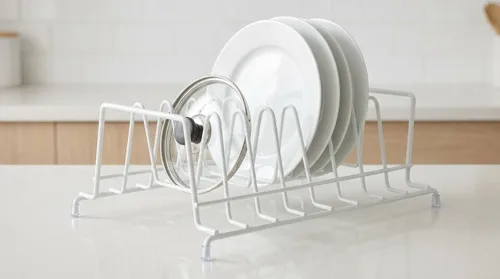 Vista 4 de Huji Soporte para platos, ollas, sartenes, tapa, organizador para gabinete, despensa o encimera de cocina (uno, blanco)