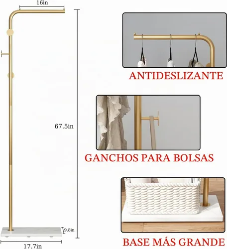 Vista 2 de TIEOU Percheros de abrigos dorados, percheros de metal independientes con barra transversal y 3 ganchos, perchero moderno con base de mármol