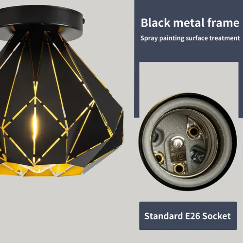 Vista 2 de Modern Geometric Ceiling Light, Black Metal Diamond Cage Design, Semi-Flush Mount, Industrial Style, E26, Matte Black with Gold Inside