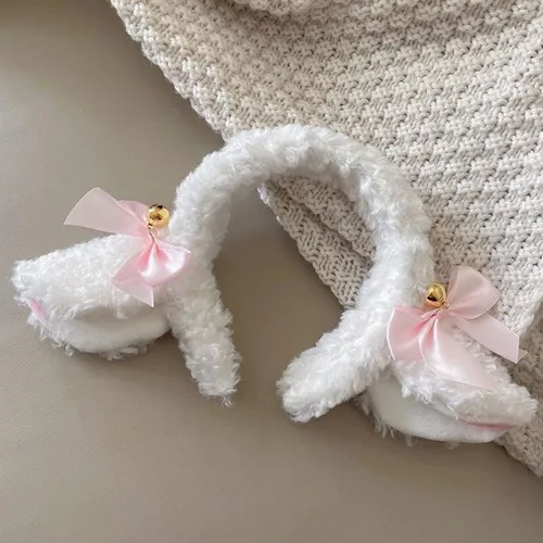 Vista 4 de Banda de pelo con orejas de cordero, nudo de lazo, campana, adorno decorativo para el cabello, peluche femenino de dibujos animados, diadema