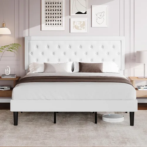 Vista 7 de Allewie - Base de cama tamaño King con tapizado de terciopelo, cabecera ajustable, diseño de botones de diamante, soporte de láminas de madera, tira