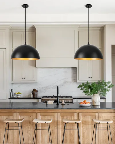 Vista 5 de Luces colgantes negras de 15.7 pulgadas para isla de cocina, lámpara colgante industrial grande dorada para interiores, para comedor, dormitorio