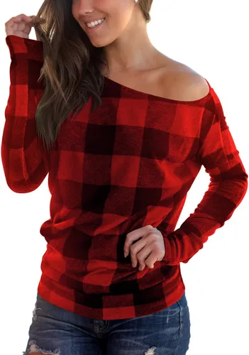 Vista 2 de Deqiang blusa holgada informal de manga larga, con hombros descubiertos para mujer, a cuadros.