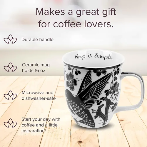 Vista 6 de Karma Taza bohemia de 16 onzas con diseño de mariposa y colibrí, color blanco y negro, bonita taza de café y té, cerámica, 16 onzas, apta