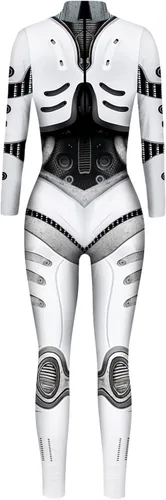 Vista 4 de Foksikely Womens Halloween Costume 3D Mechanical Robot Skeleton Print Cosplay Jumpsuit Romper Catsuit